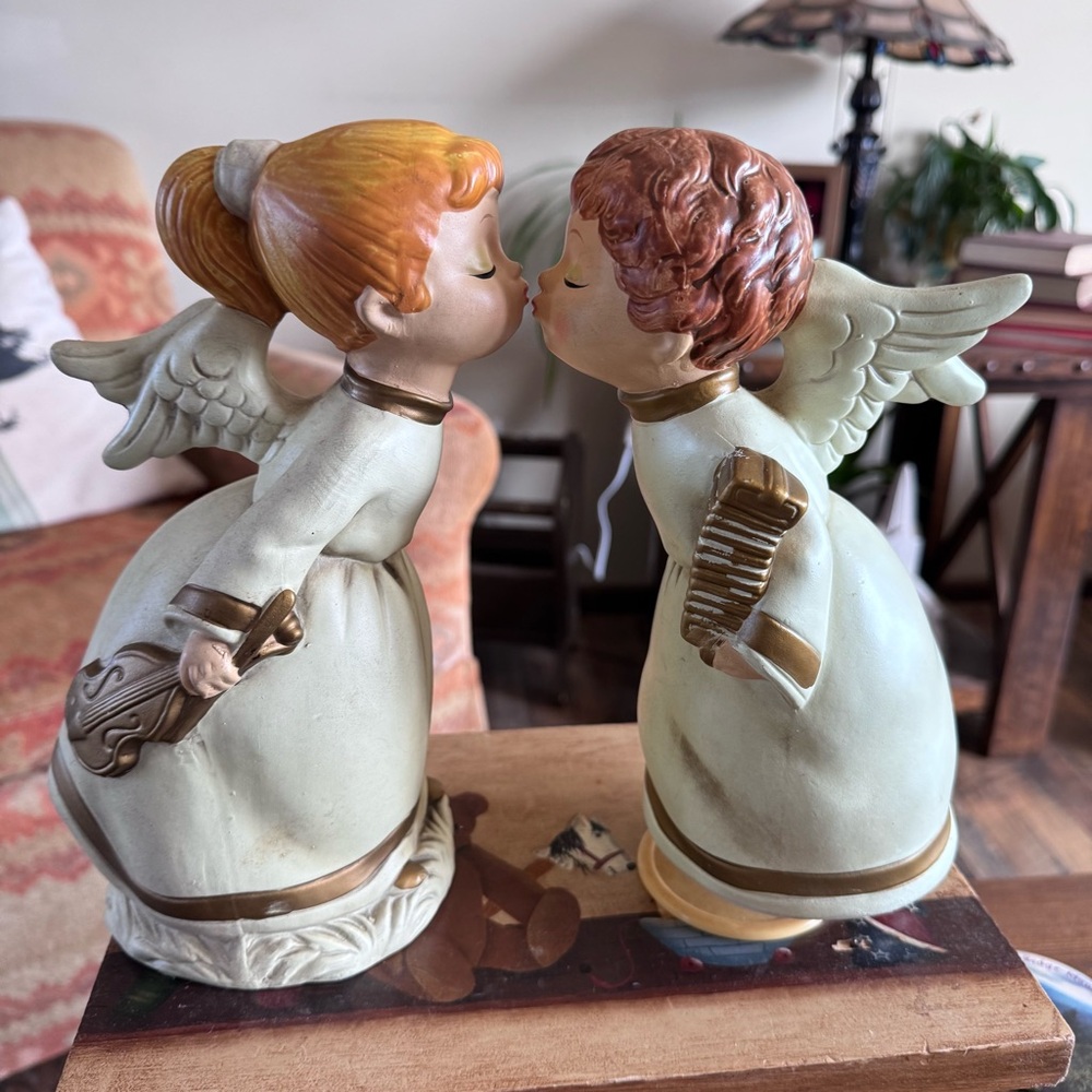 Vintage Kissing Angels figurines 10 inches handmade in Japan Christmas